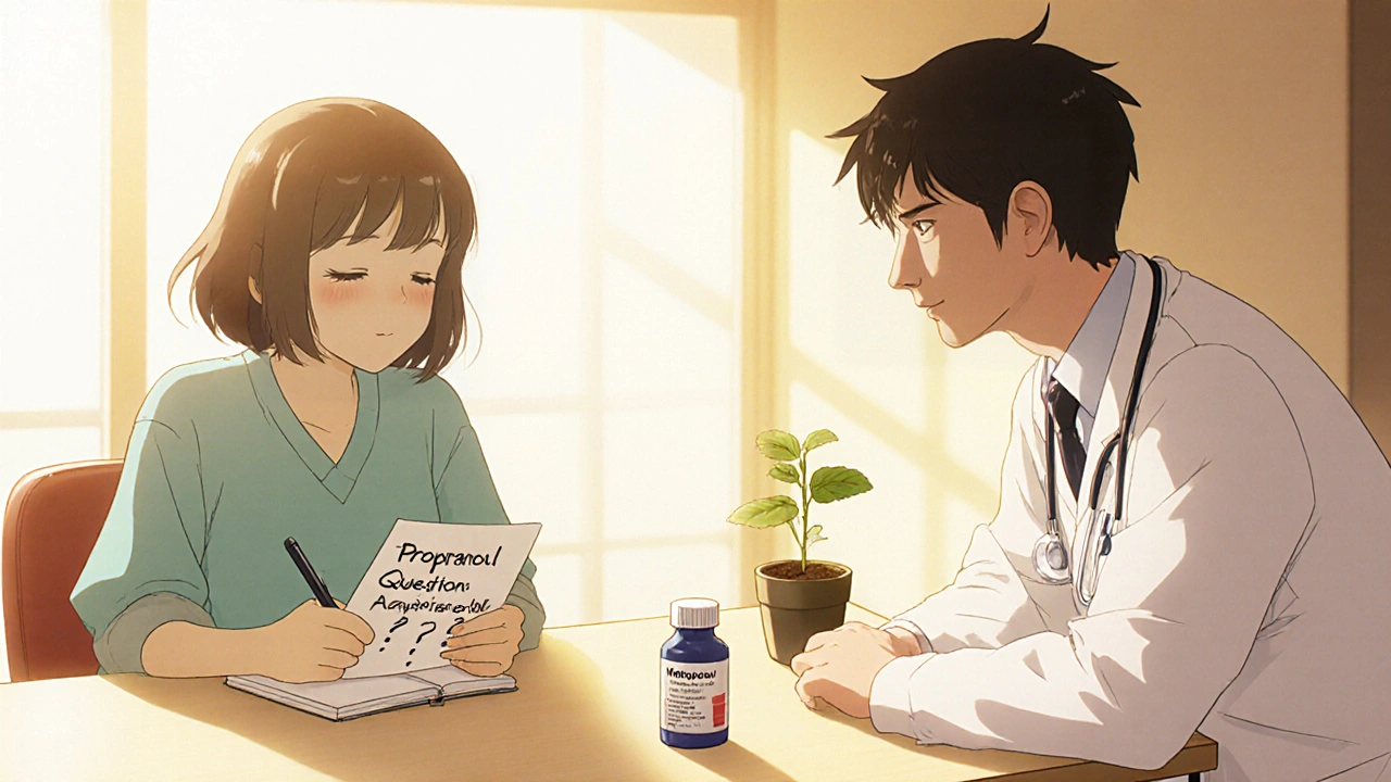 A doctor and patient discuss medication options in a sunlit clinic, with pill bottles and a plant on the table.