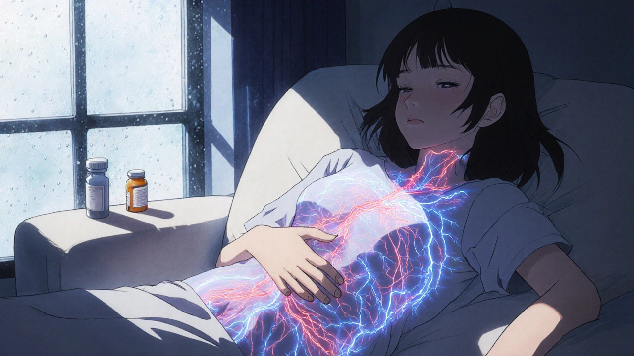 A woman on a couch with glowing vascular pathways over her body, symbolizing reduced blood flow from propranolol.