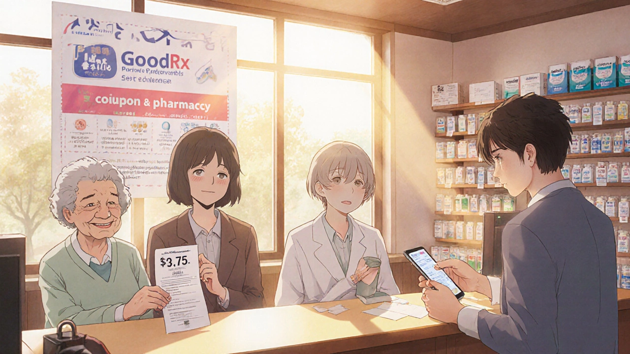 People receiving prescriptions at a warm, well-lit local pharmacy with GoodRx poster visible