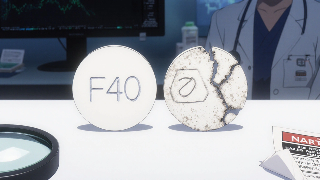 Two tablets side by side: one legitimate, one counterfeit, with magnifying glass and FDA flyer