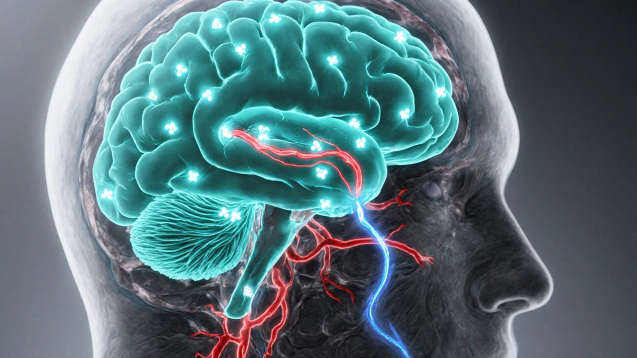 Anime cross‑section of hypothalamus showing glowing osmoreceptors and reduced blood flow.