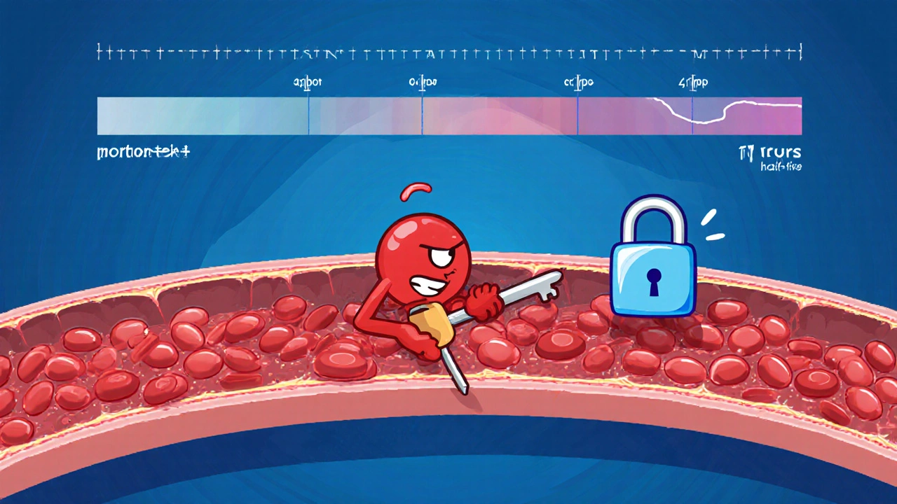 Cartoon artery showing azilsartan blocking AT1 receptors from angiotensin II, with a timeline of steady drug levels.