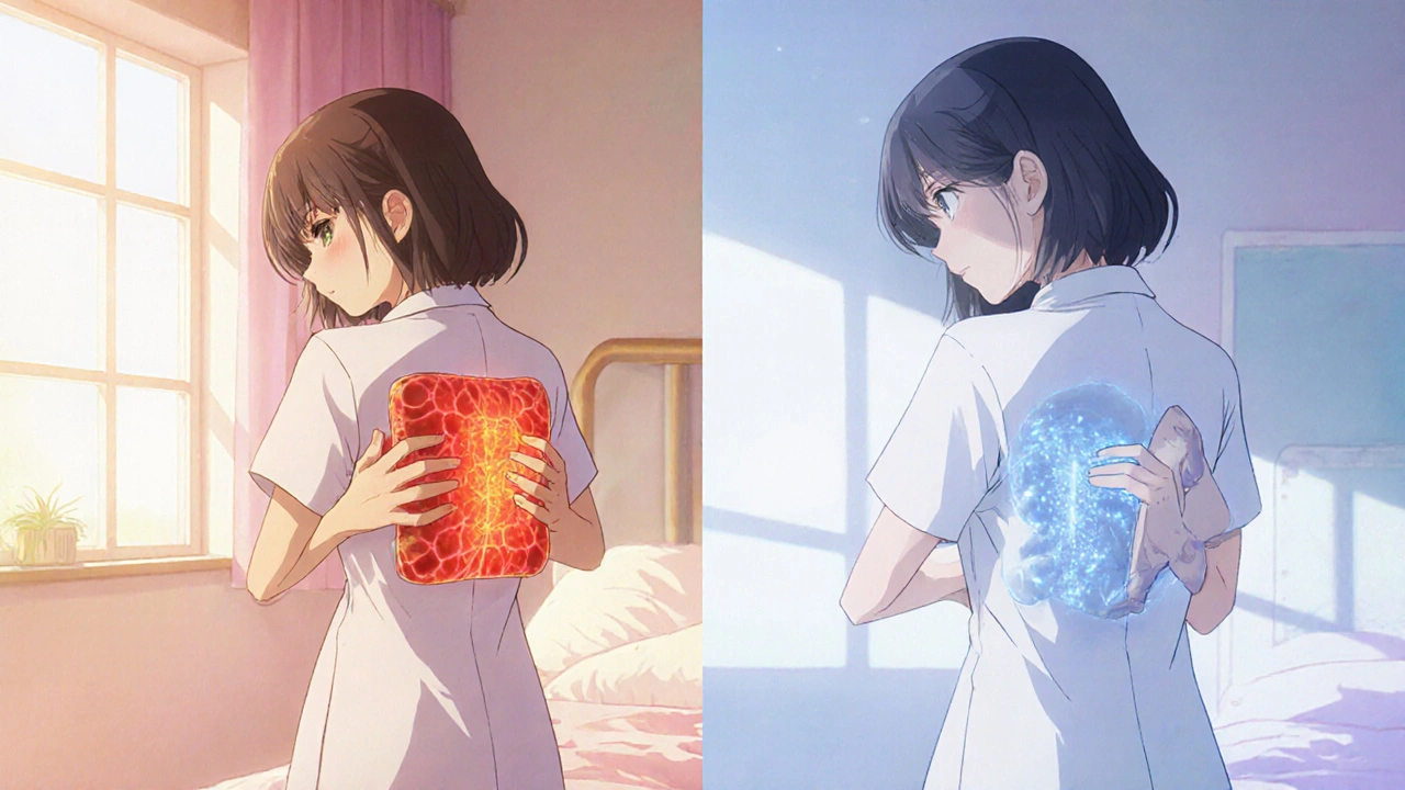 Character applying heat on left and cold on right, showing red and blue glows.