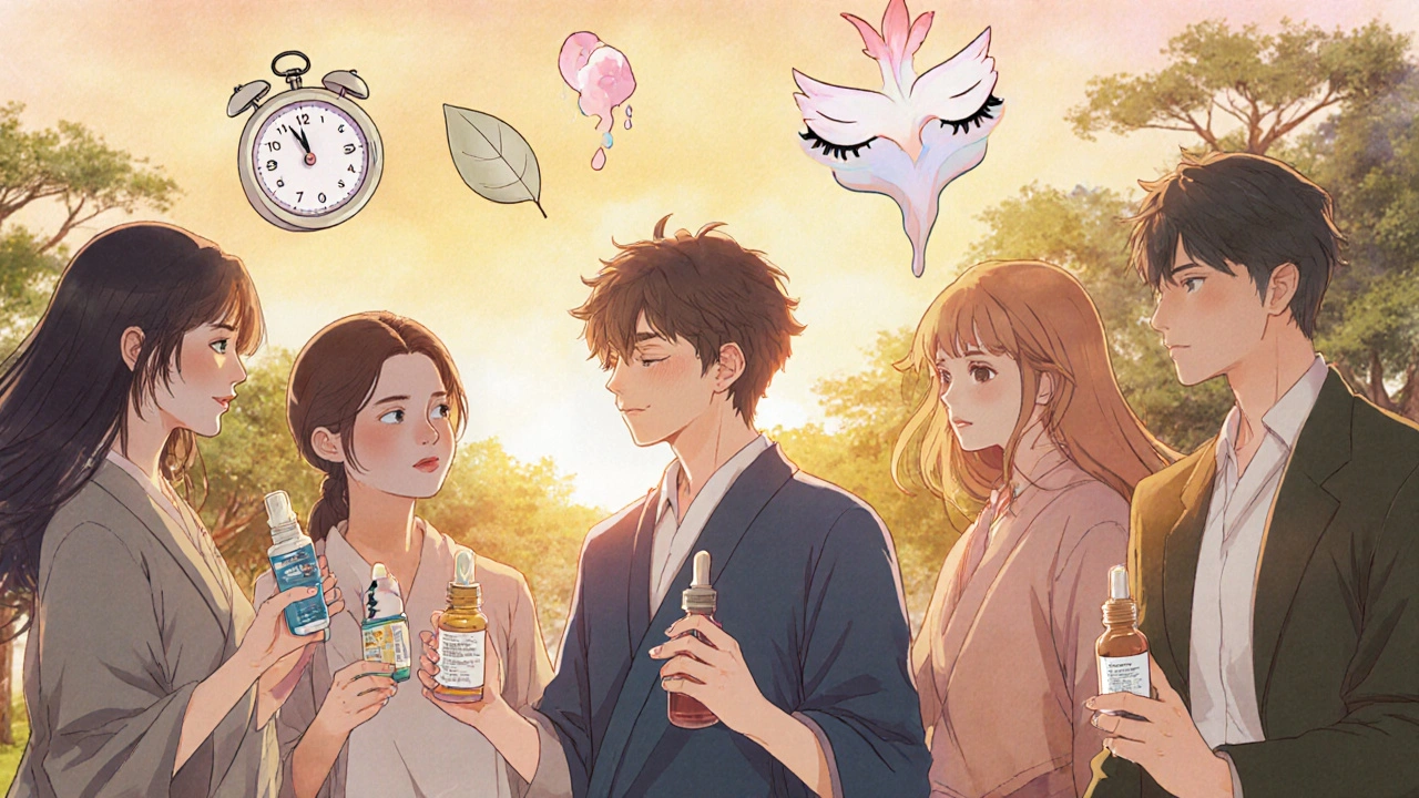 Diverse people in a park at sunset, one smiling as a tear glistens, symbolizing relief from dry eyes.