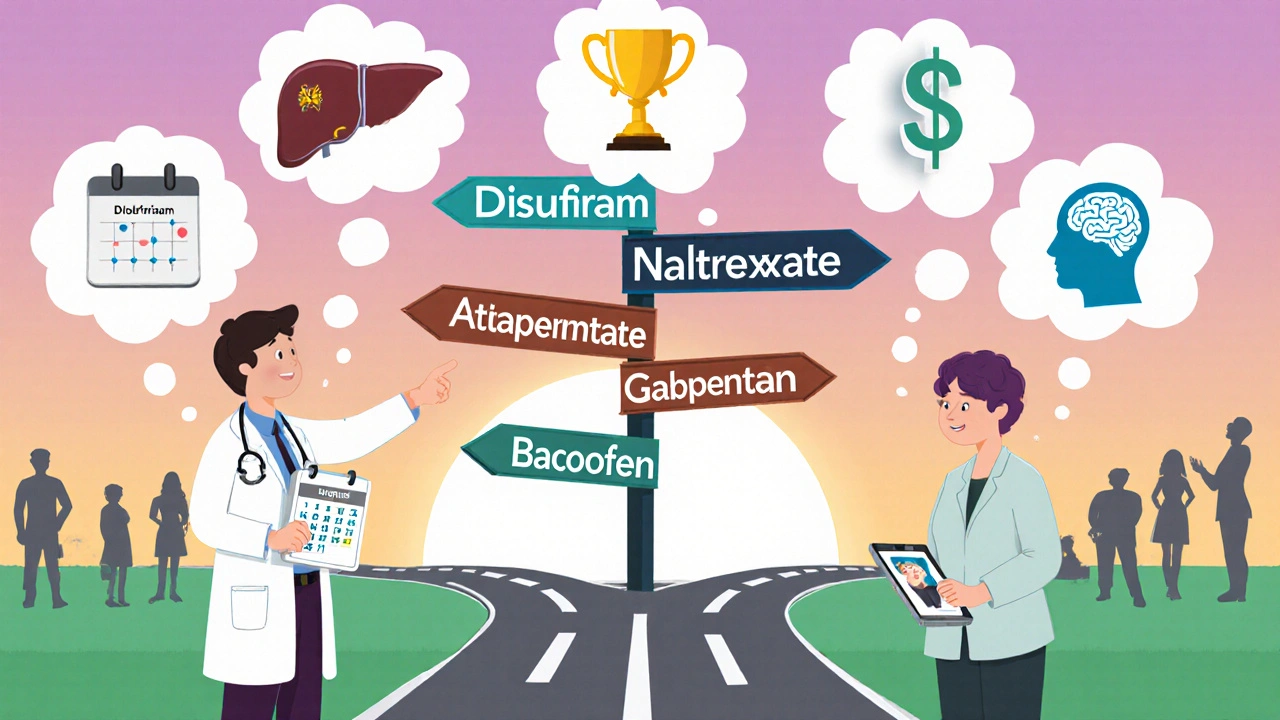 Doctor and patient at a crossroads with signposts for each AUD medication.