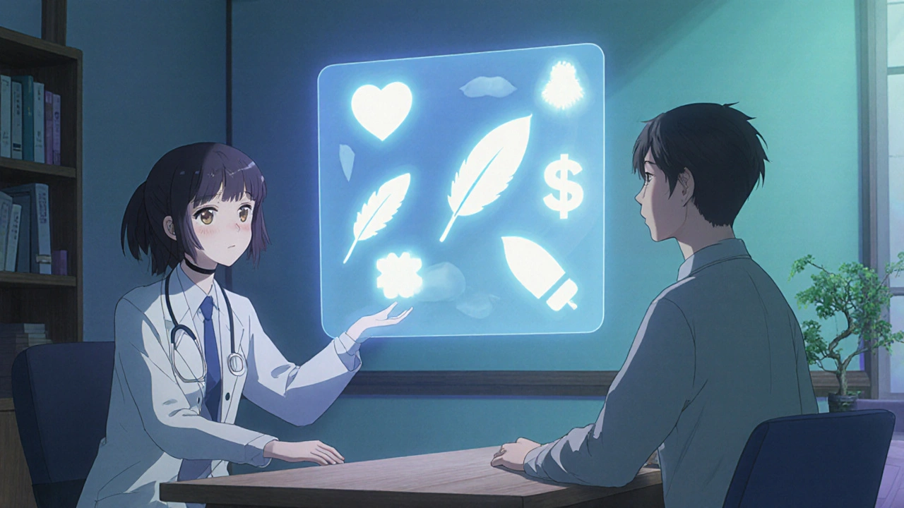 Doctor and patient discussing abstract icons for effectiveness, side effects, and cost in a soft-lit room.