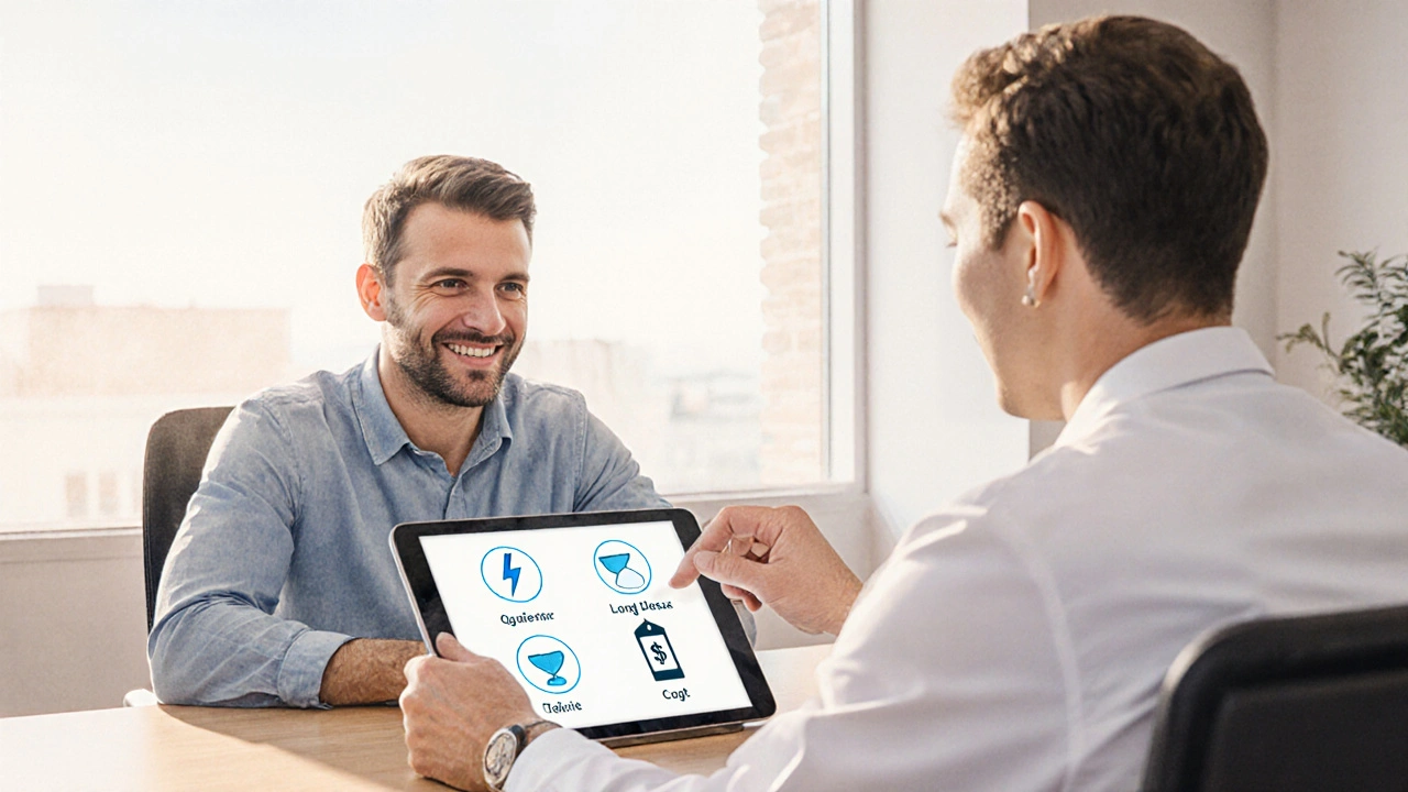 Doctor and patient discussing ED medication options, with icons for onset, duration, and price.