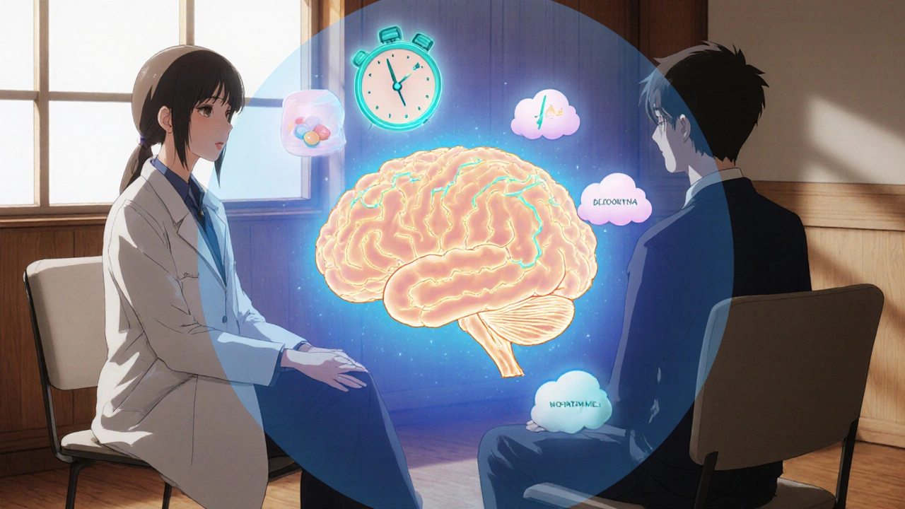 Doctor explains brain effect of mirtazapine to patient with illustrated brain overlay.