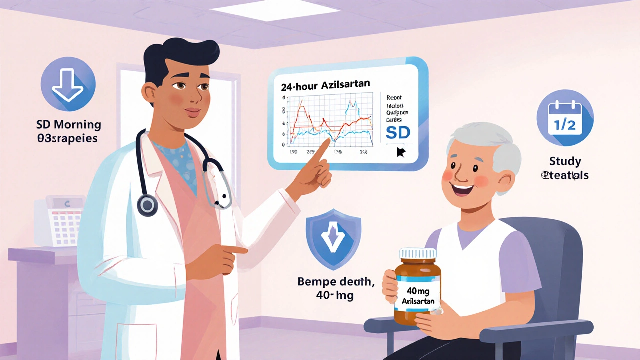 Doctor showing patient reduced BP spikes on a monitor; patient holds azilsartan pill bottle, surrounded by study icons.