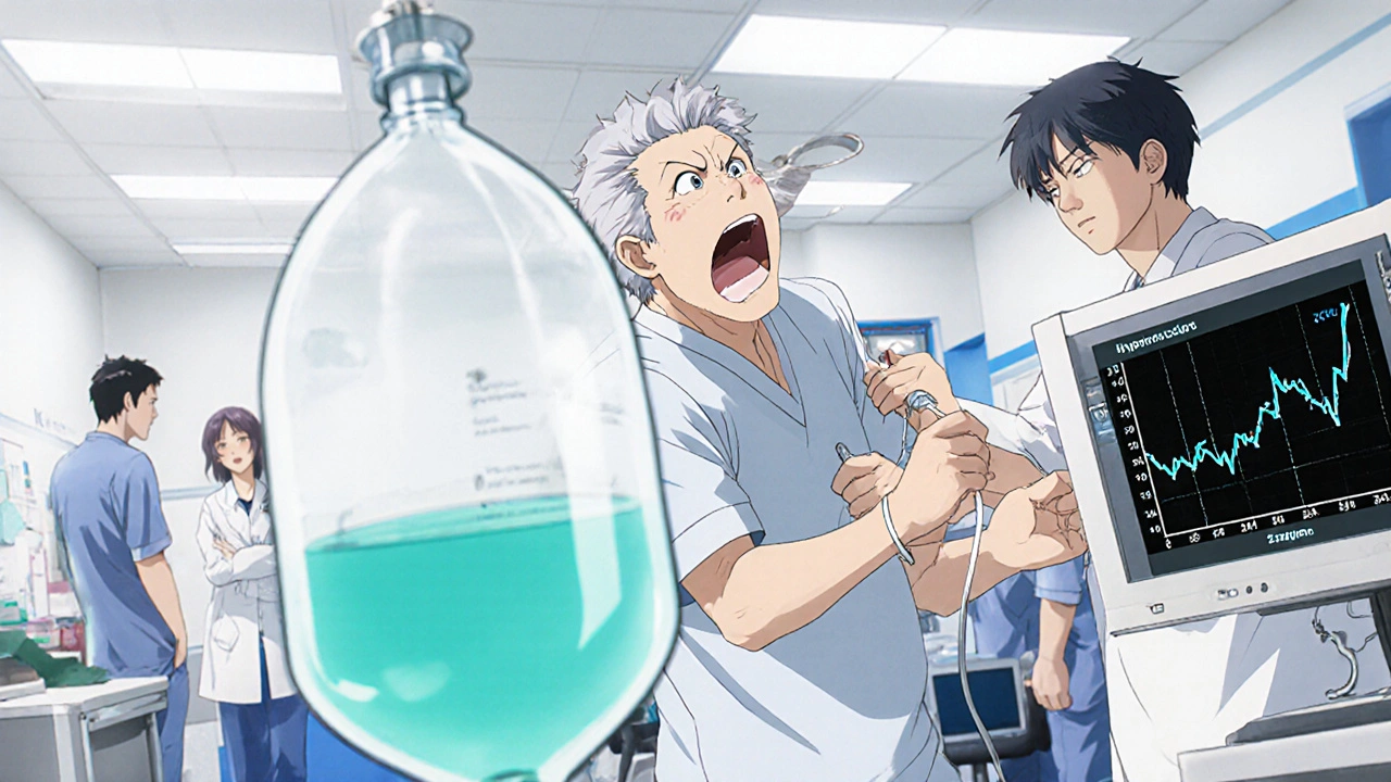 ER staff treating a seizing patient with hypertonic saline IV and rising sodium monitor.