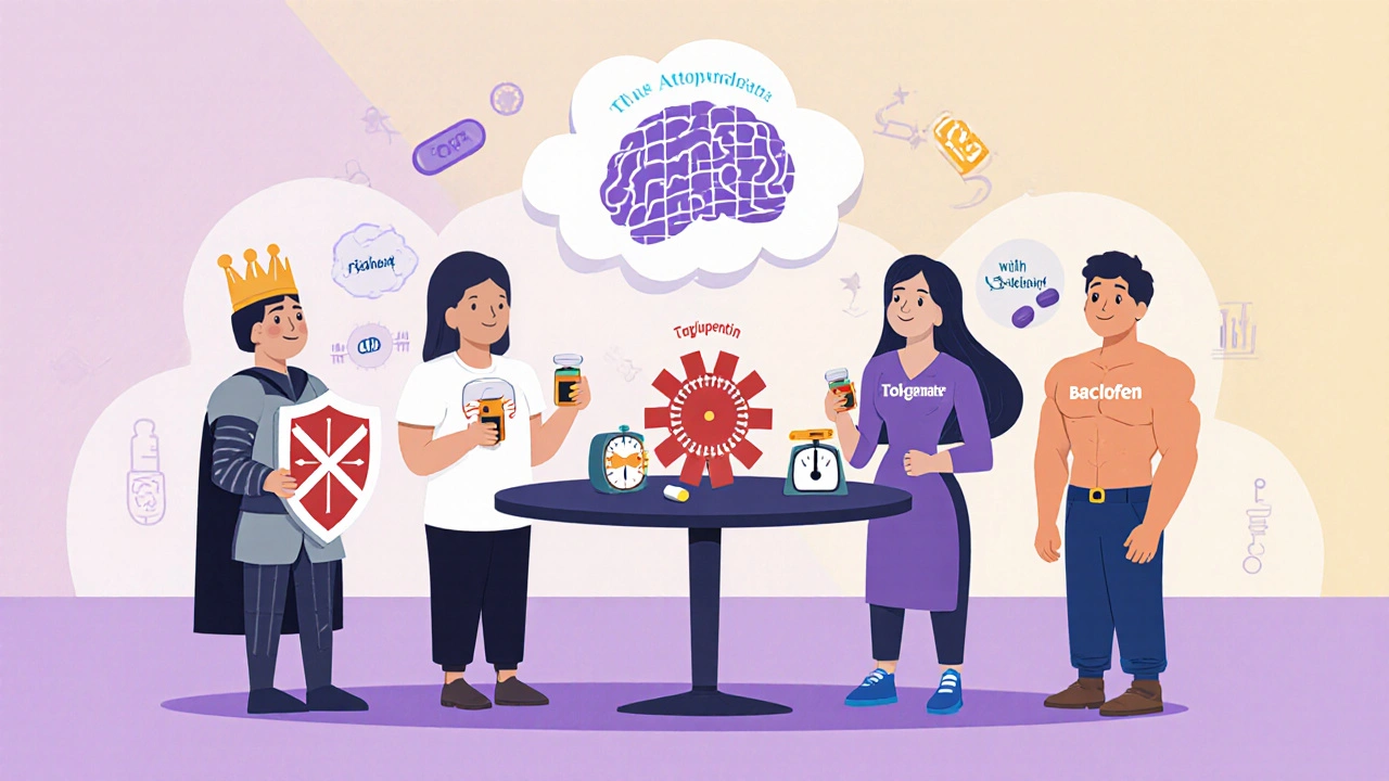 Five medication mascots illustrating their roles around a table in cartoon style.