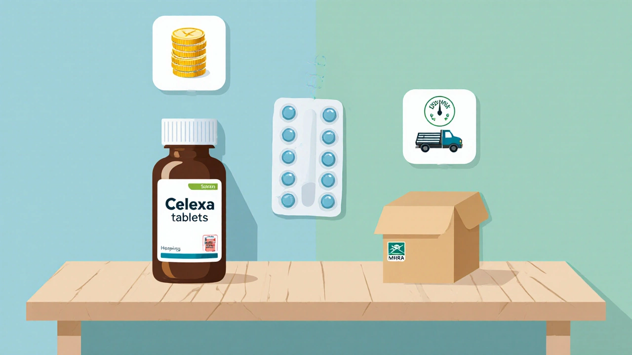 Flat illustration of generic Celexa bottle, blister pack with MHRA badge, and parcel with price and delivery icons.