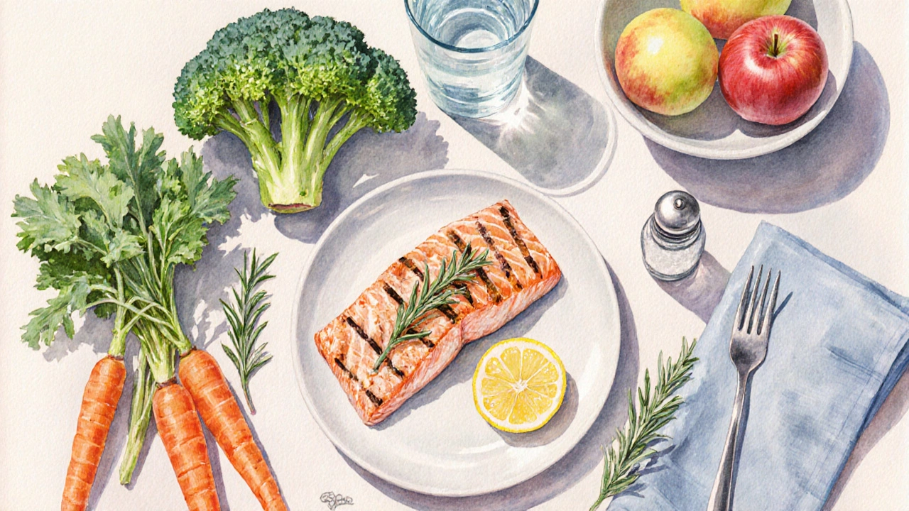 Fresh low‑sodium meal with vegetables, herbs, and lemon on a kitchen counter, emphasizing healthy cooking.