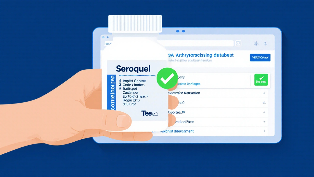 Hand examines a Seroquel bottle, checking imprint and batch number on a tablet.