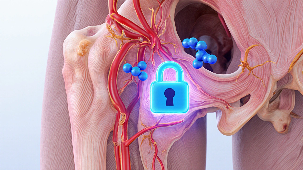 Illustrated cross‑section of penile tissue showing Vardenafil molecules relaxing blood vessels.