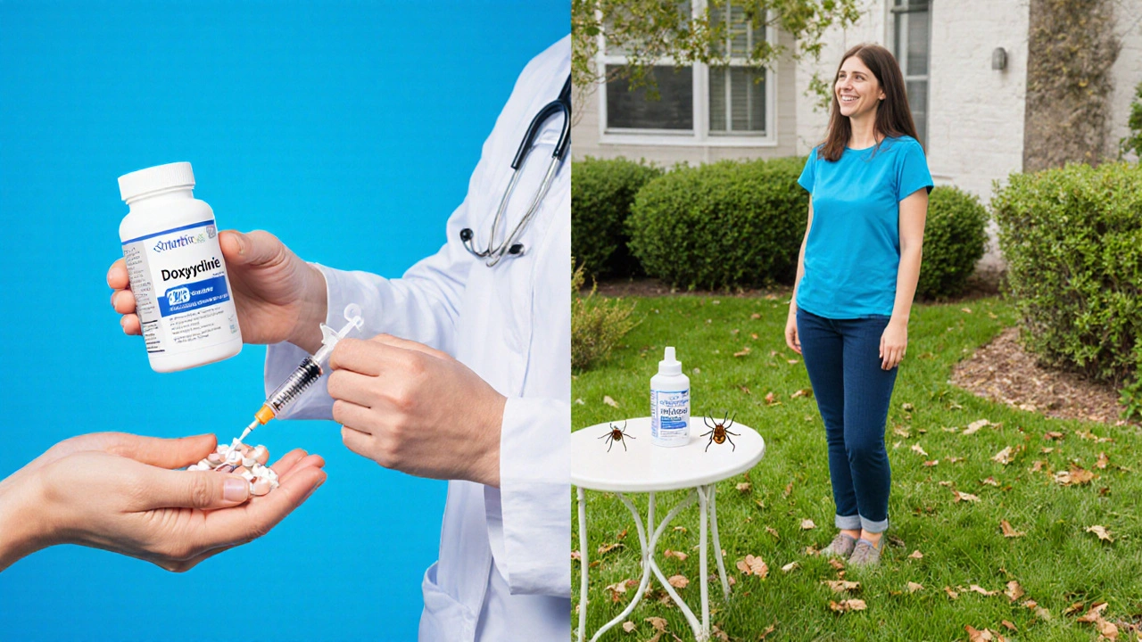 Owner receiving doxycycline pills while standing in a tick‑free, well‑maintained yard.