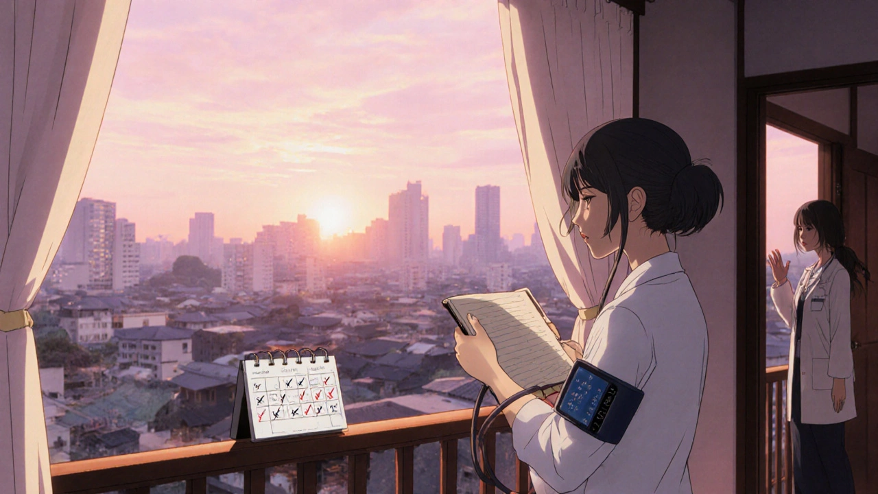 Patient on a balcony at sunrise holding a journal and blood pressure cuff, with a calendar indicating taper steps.