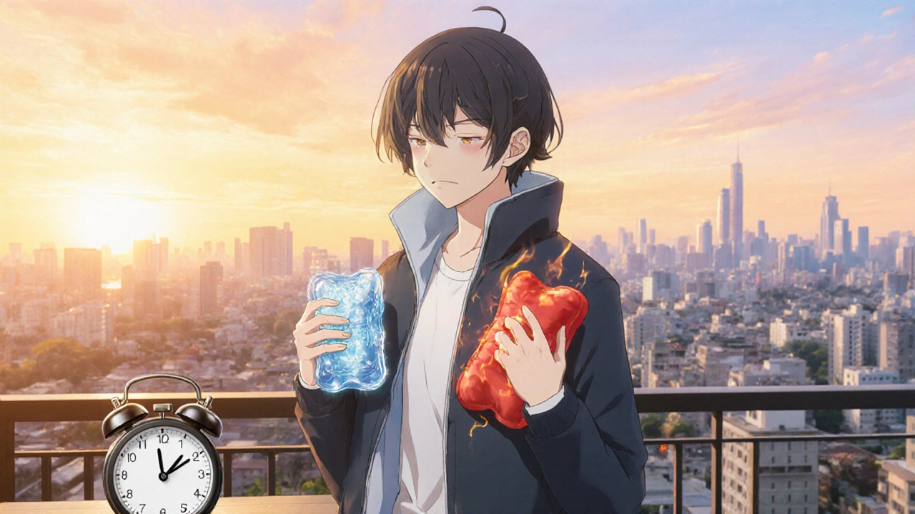 Person on balcony with heat pack and ice pack, sunrise background, feeling relieved.