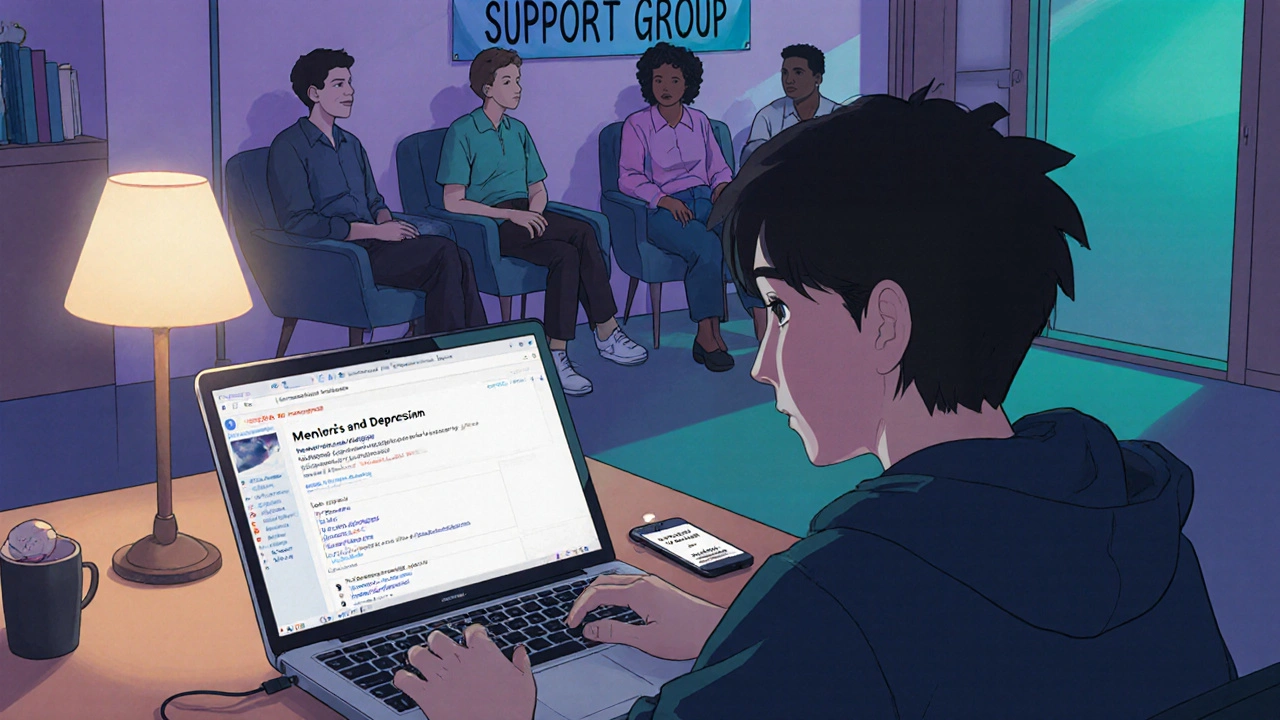 Person participates in an online forum and support group meeting, with a phone displaying an emergency number.