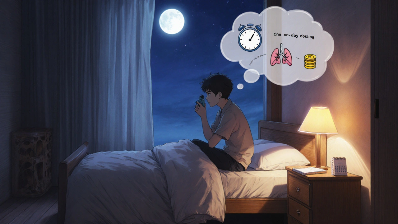 Person pondering inhaler choices in a cozy bedroom with thought icons.