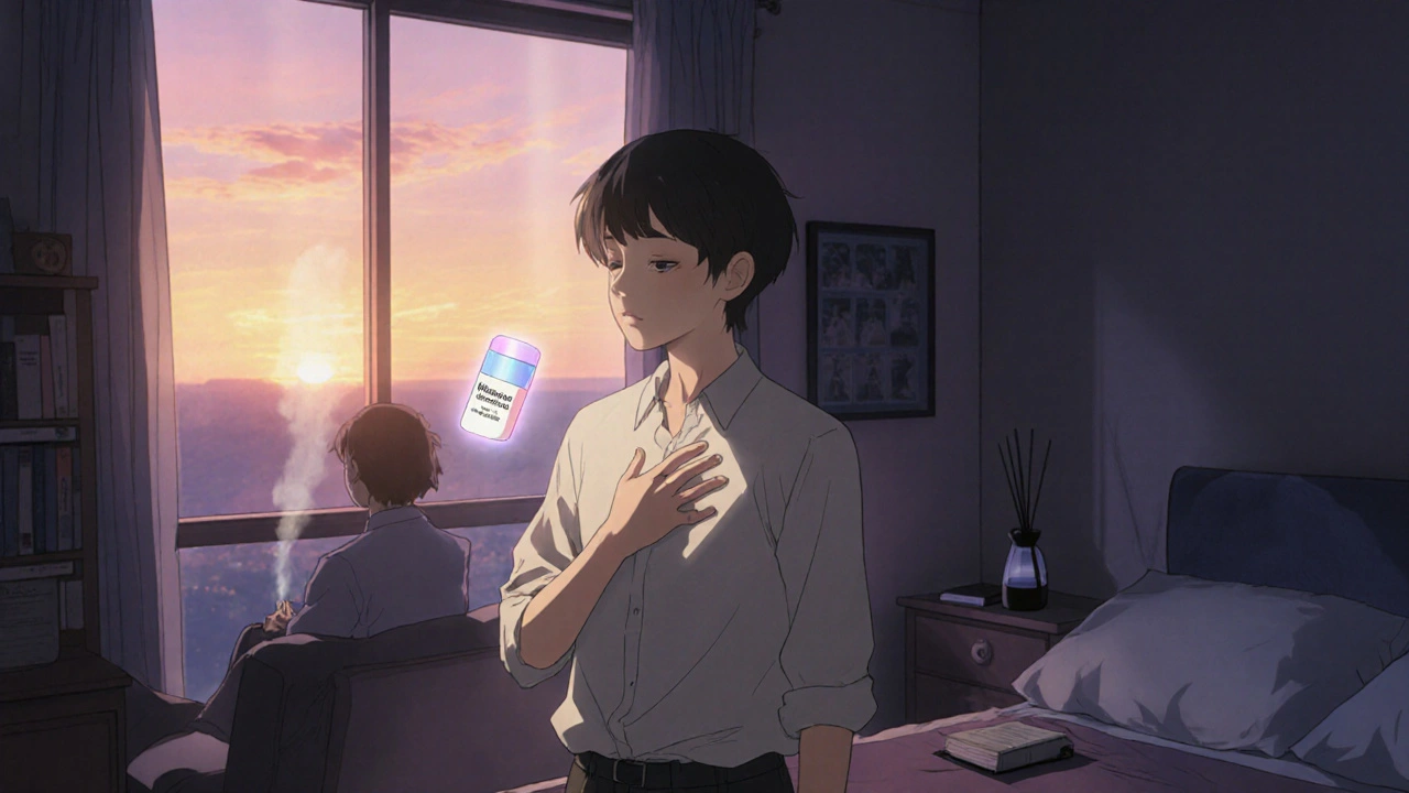 Person practicing breathing at sunrise with glowing pill and therapist silhouette.