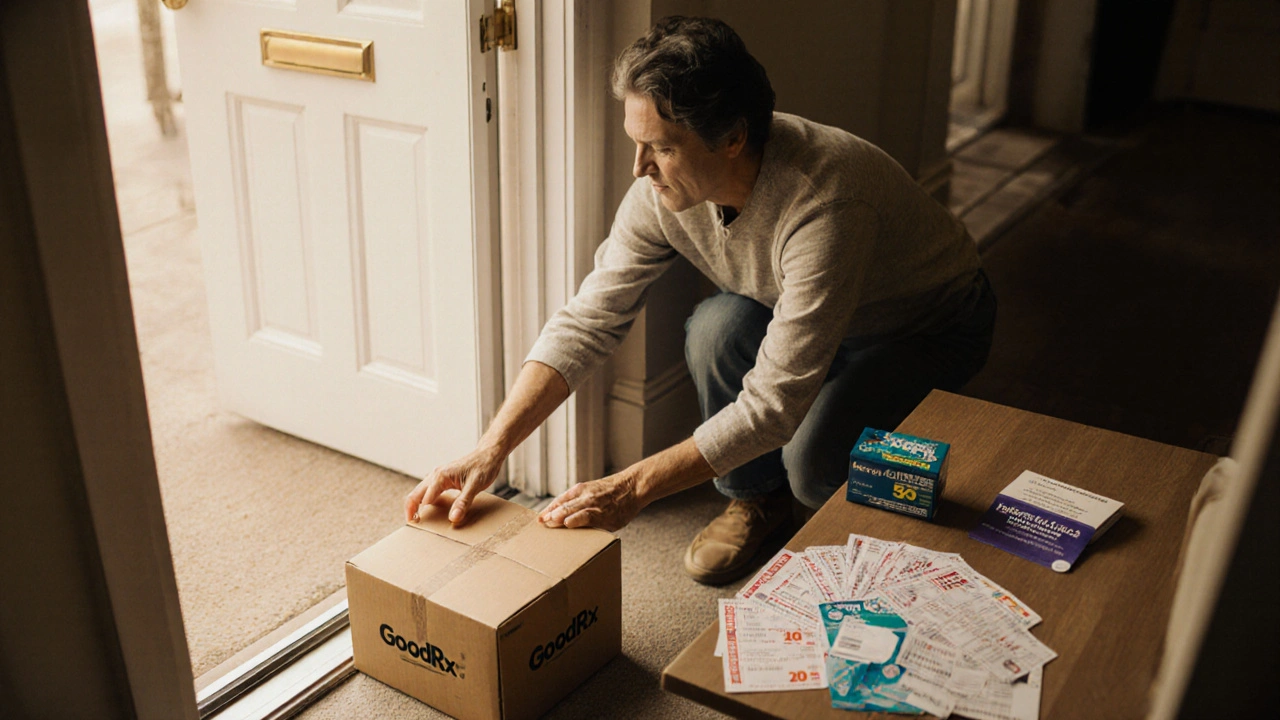 Person receives a discreet pharmacy package at home, feeling relieved and saving money.