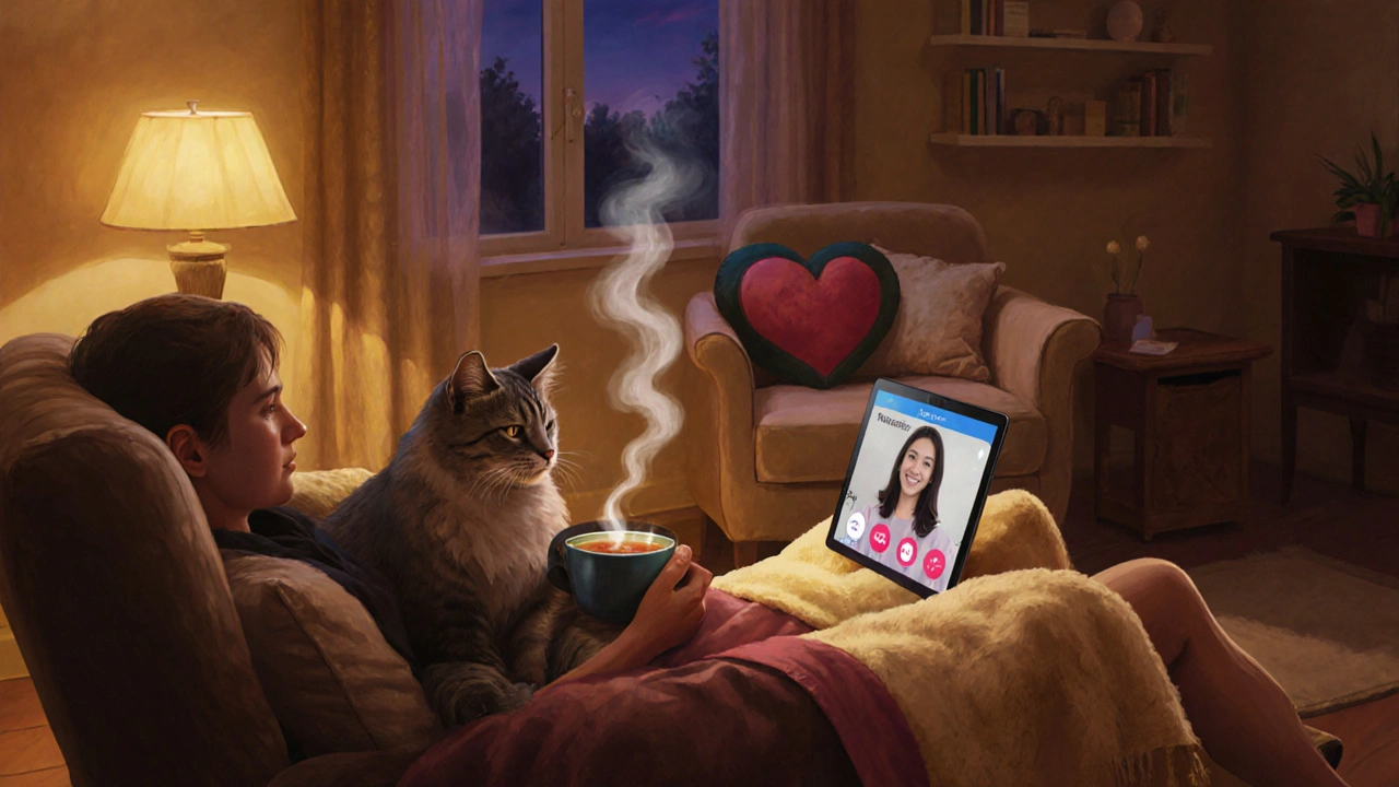 Person relaxing at home with a telehealth video call and a cat, illustrating emotional support and care.