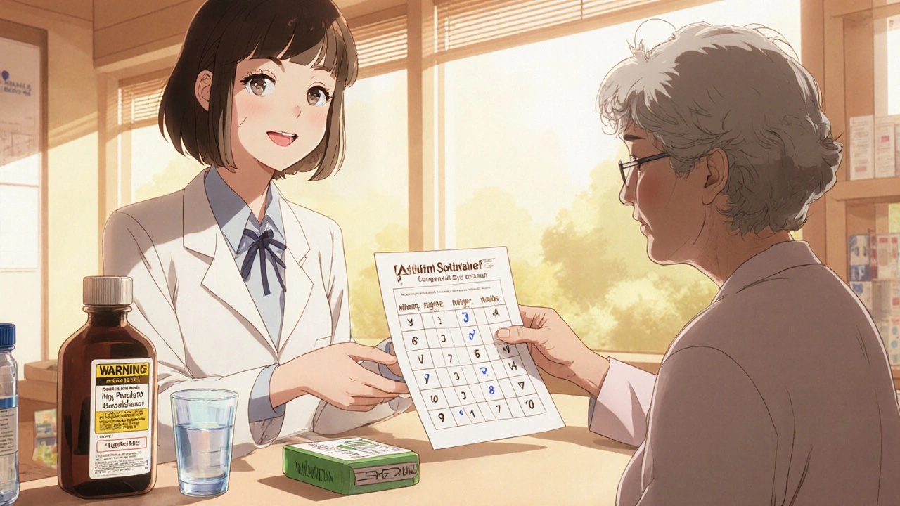 Pharmacist giving an elderly woman a sodium monitoring schedule and medication counseling.