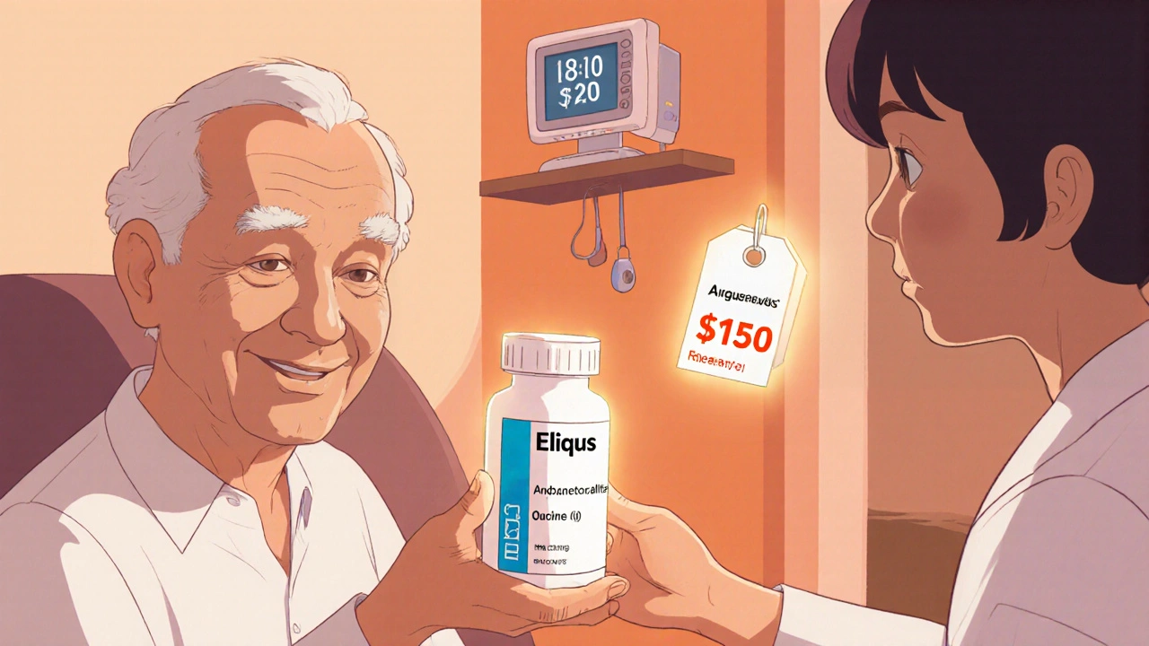 Pharmacist hands an Eliquis bottle to an elderly man, with reversal drug and price tag nearby.