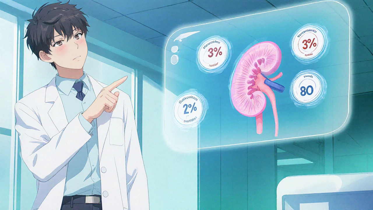 Researcher points at a holographic kidney with drug icons showing renal clearance percentages.