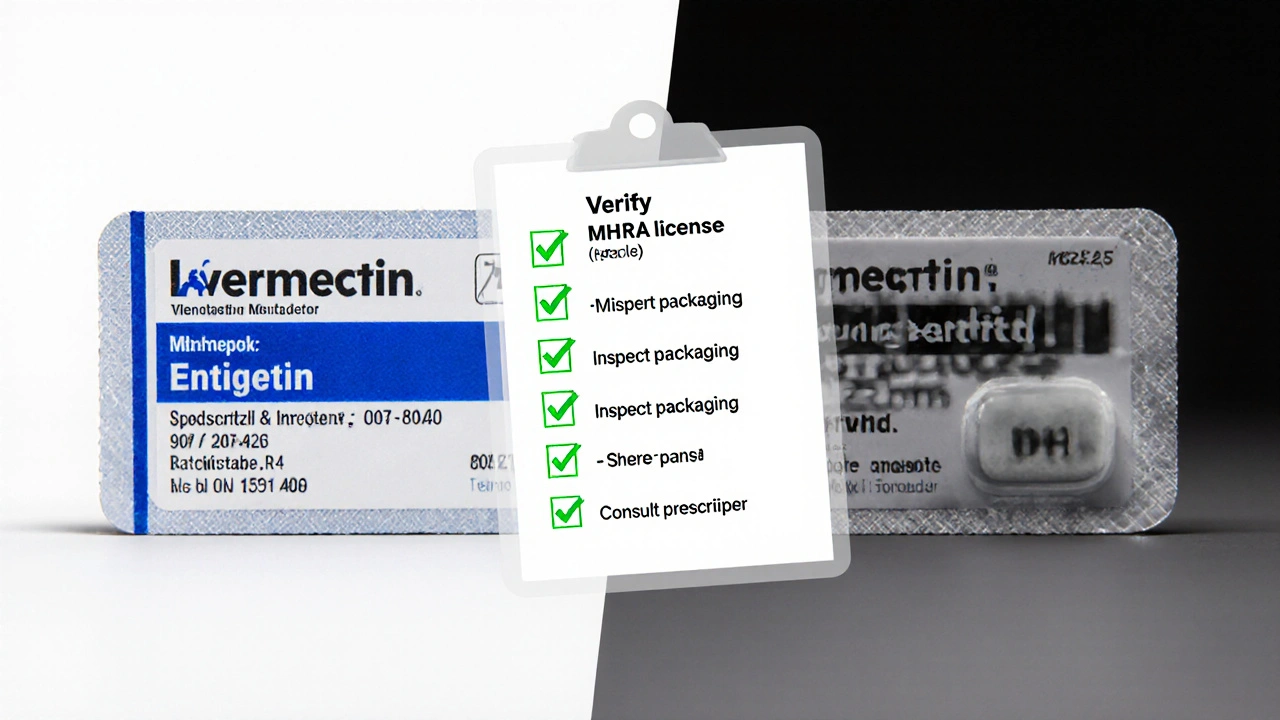 Side‑by‑side authentic and counterfeit ivermectin packs with safety checklist.