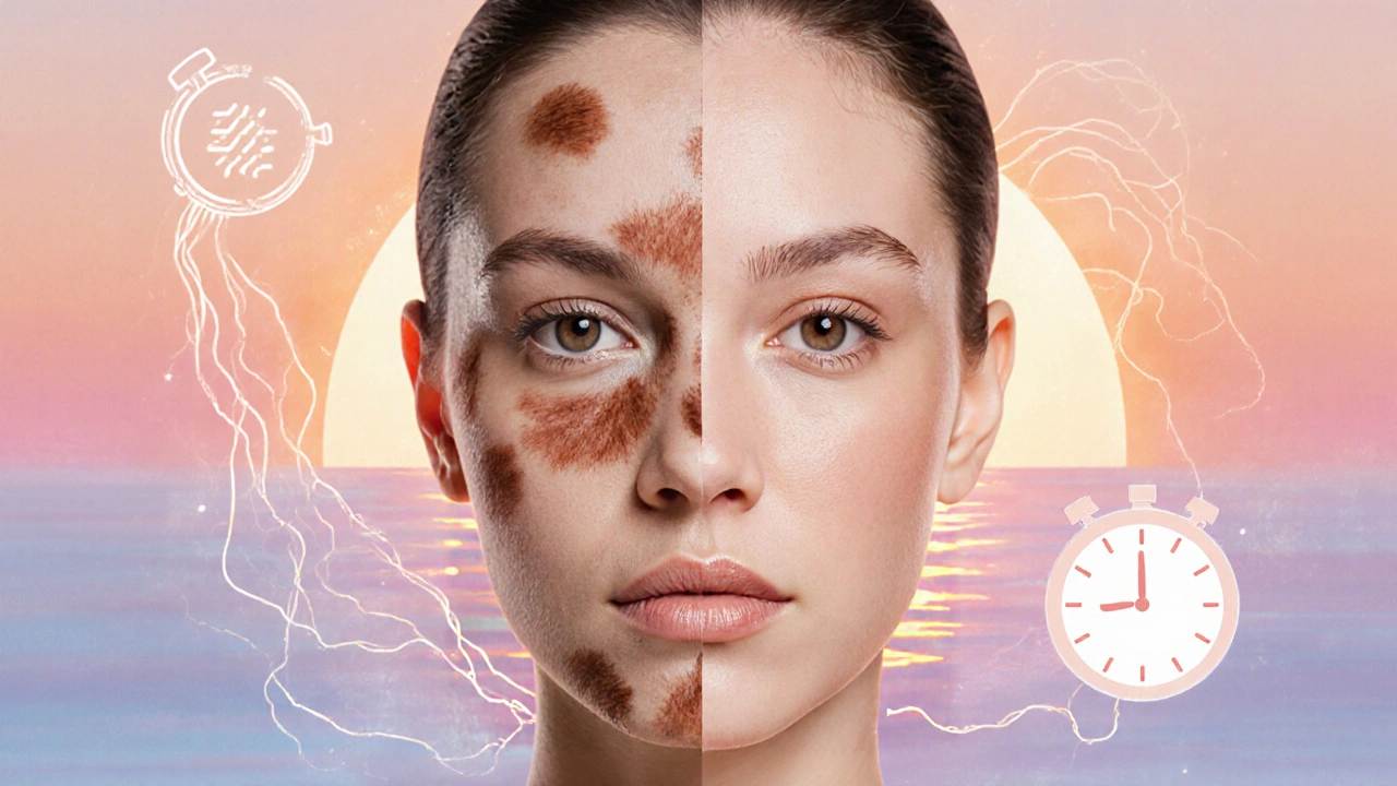 Side‑by‑side view of melasma before and after daily facial massage.