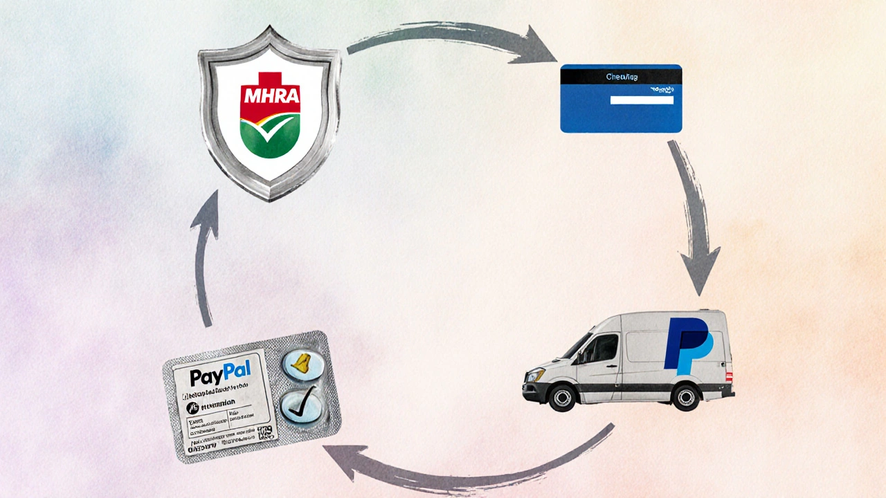 Symbolic collage of shield, credit card, parcel, and pills illustrating safe ordering steps.