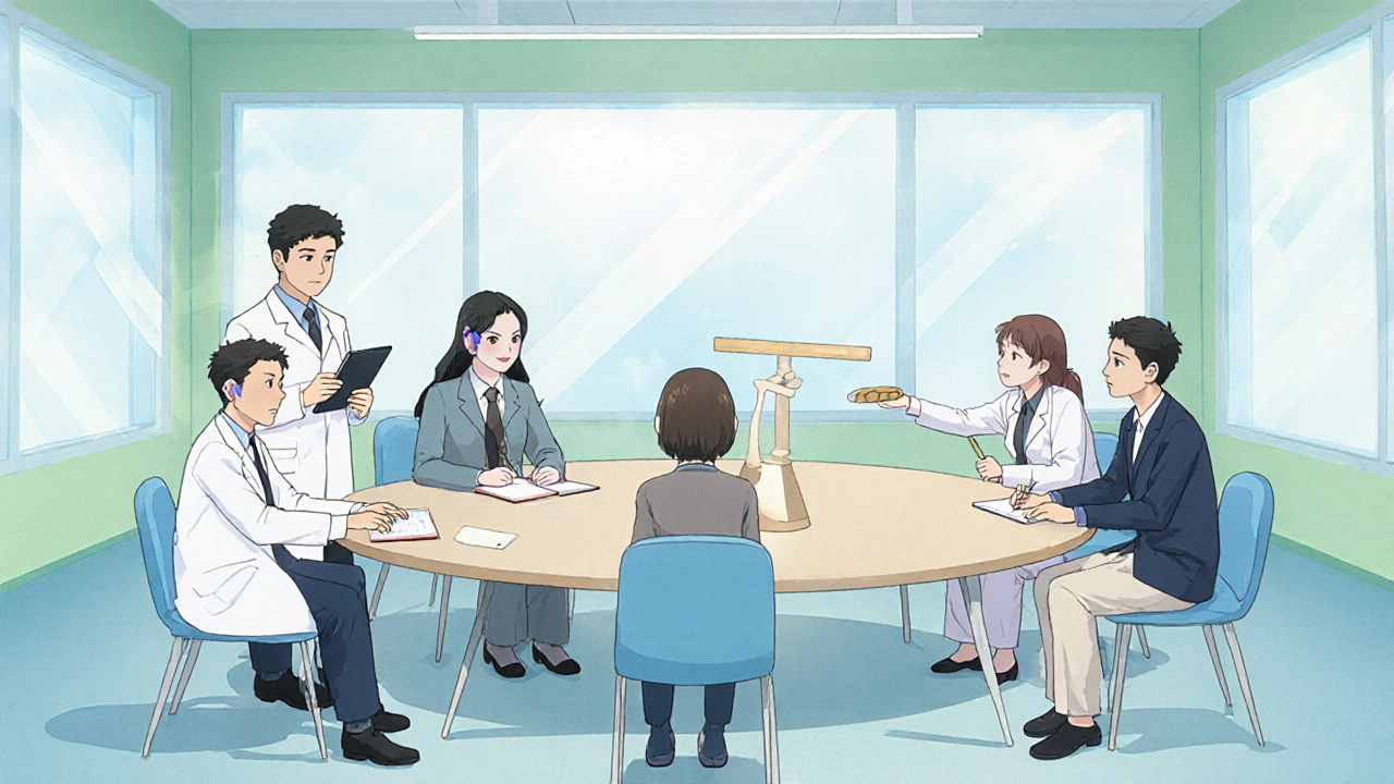 Team of ear, hearing, mental health, and balance specialists discuss care with a patient at a table.