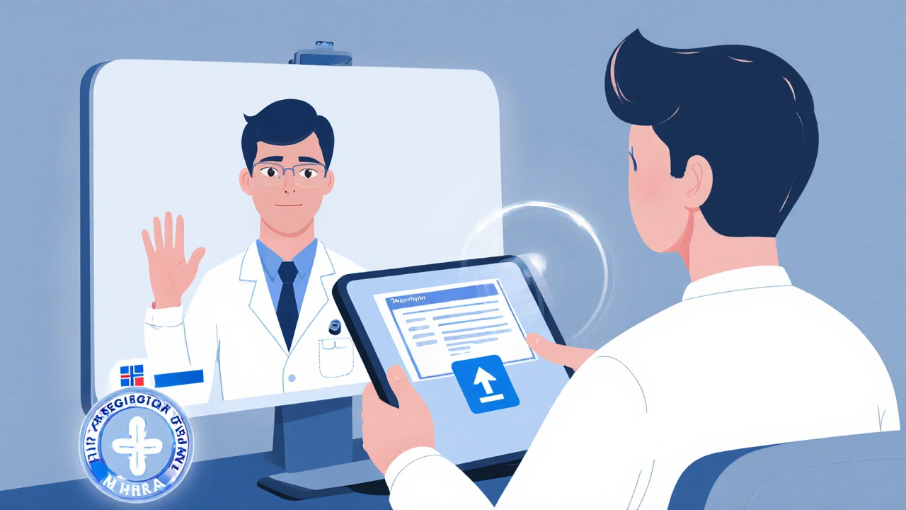 Telemedicine video call with doctor while patient uploads prescription.