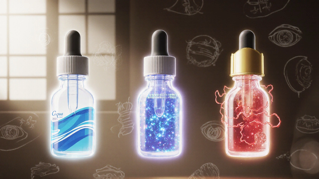 Three eye drop bottles floating with glowing symbols representing their unique mechanisms: cyclosporine, nanomicelles, and LFA-1 blockade.