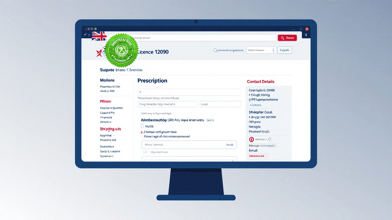 UK pharmacy website showing MHRA licence number, secure lock and prescription upload.