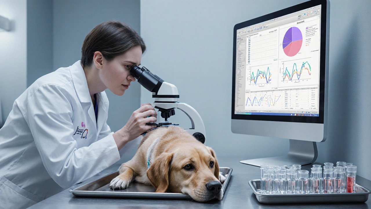 Vet examining dog&#039;s blood sample with microscope and lab results on screen.