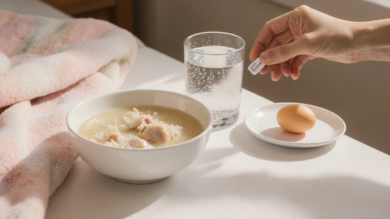 Warm recovery meal with rice broth, boiled chicken, egg, and oral rehydration solution.