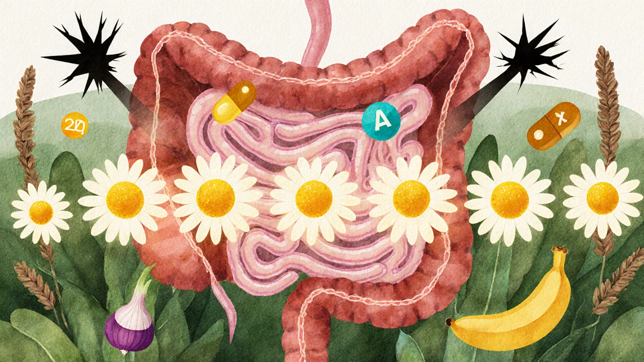 Watercolor gut garden showing friendly microbes defending against pathogens with nutrient symbols.