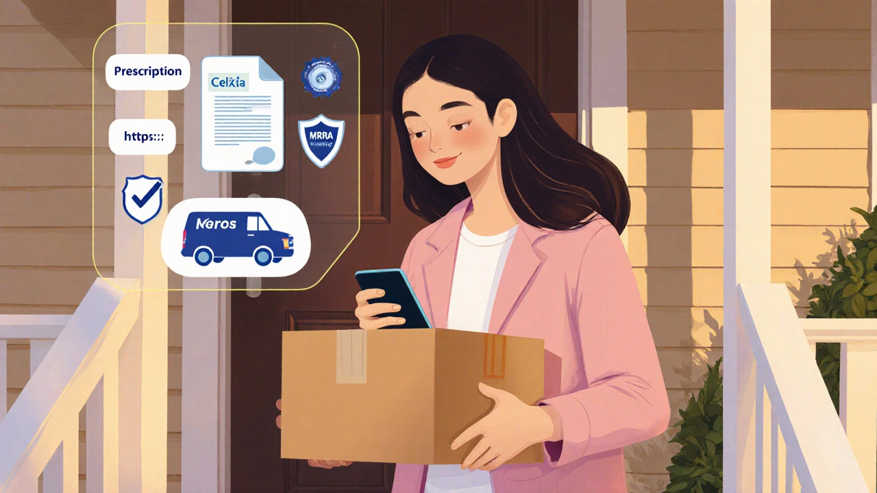Woman at her door scanning a medication package, surrounded by safety checklist icons.
