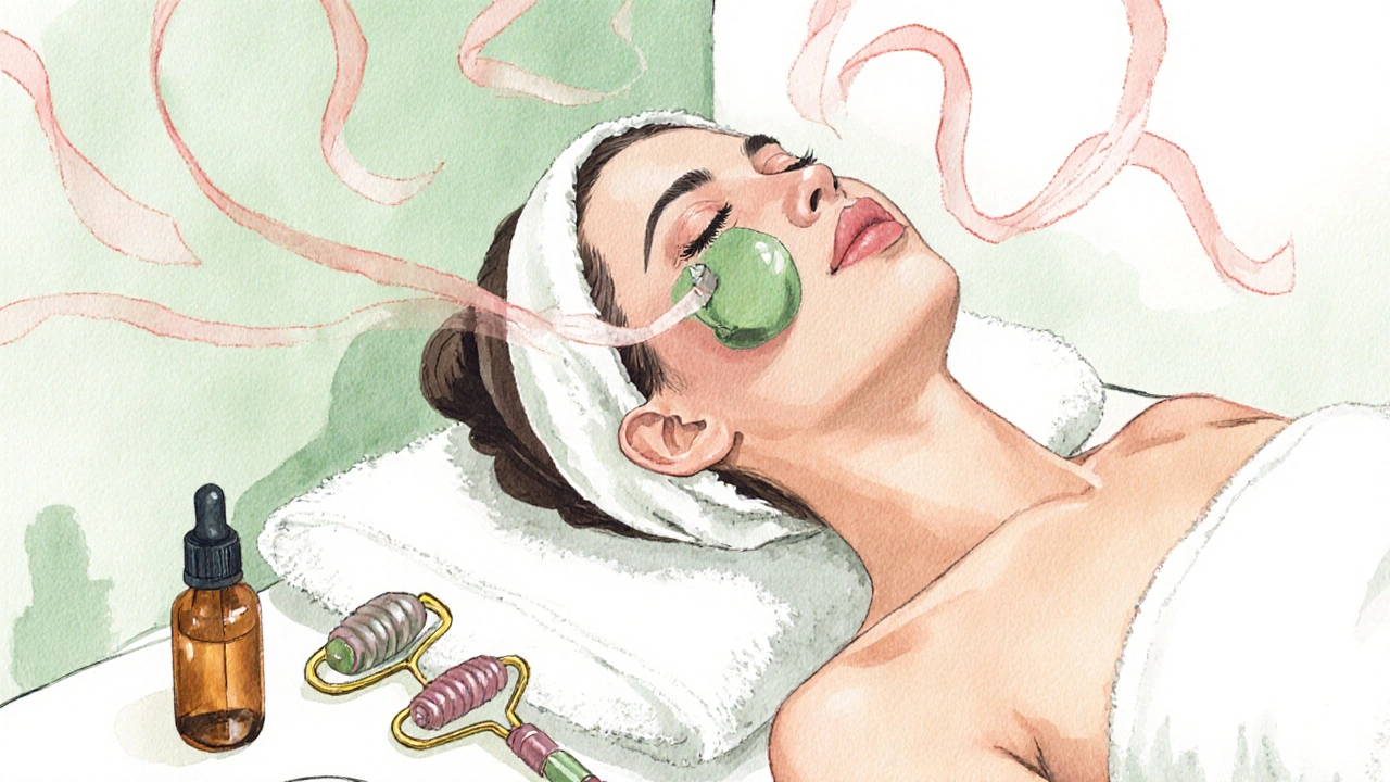 Woman using a jade Gua Sha stone with oils and a facial roller nearby.