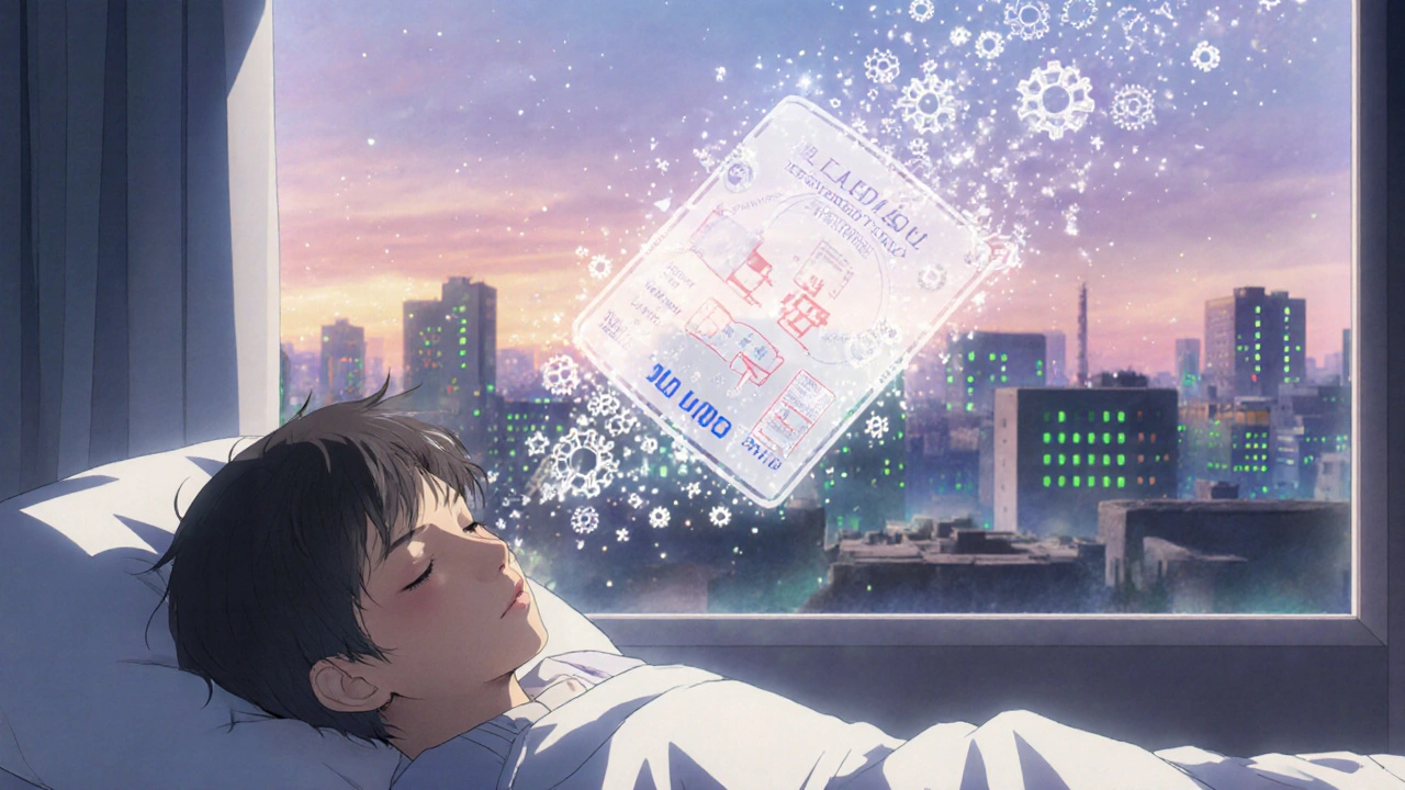 A child sleeps peacefully as a glowing certification badge hovers above them, dissolving into safety data.