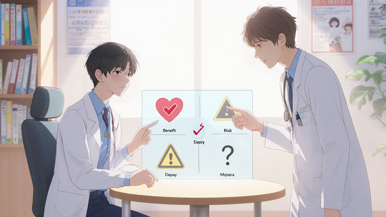 A doctor and patient examine a simple icon-based benefit-risk chart together in a clinic.
