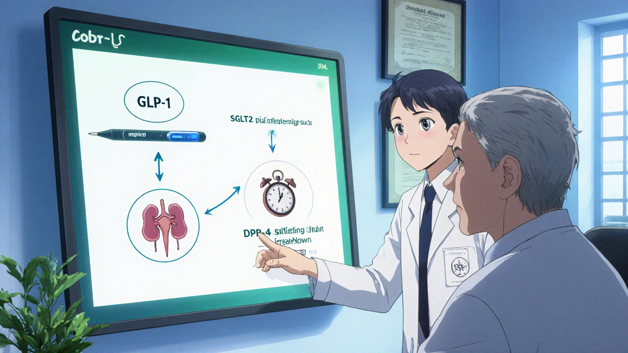 A doctor and patient reviewing a visual chart of diabetes treatment options on a tablet.