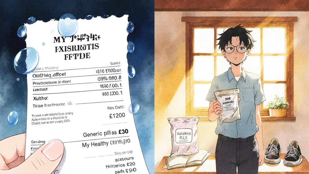 A person comparing expensive diabetes medication with affordable generics, sunlight shining on walking shoes.