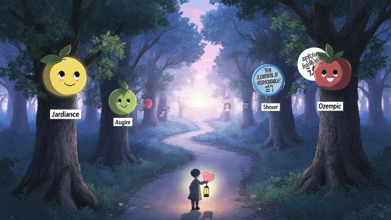 A person walks through a forest of drug trees, one clearly lit path leading forward with glowing symbols.