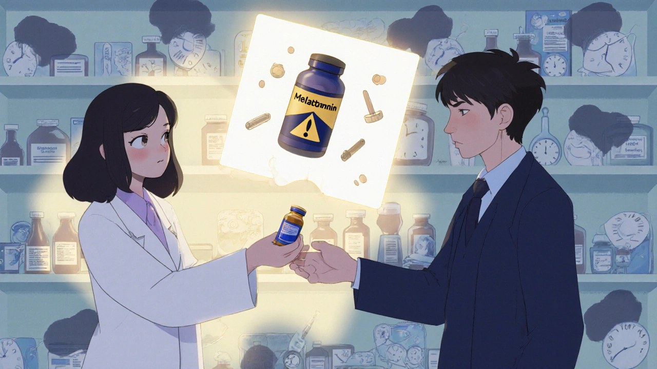 A pharmacist hands melatonin to a customer while a glowing warning symbol hovers above, surrounded by sedative icons.