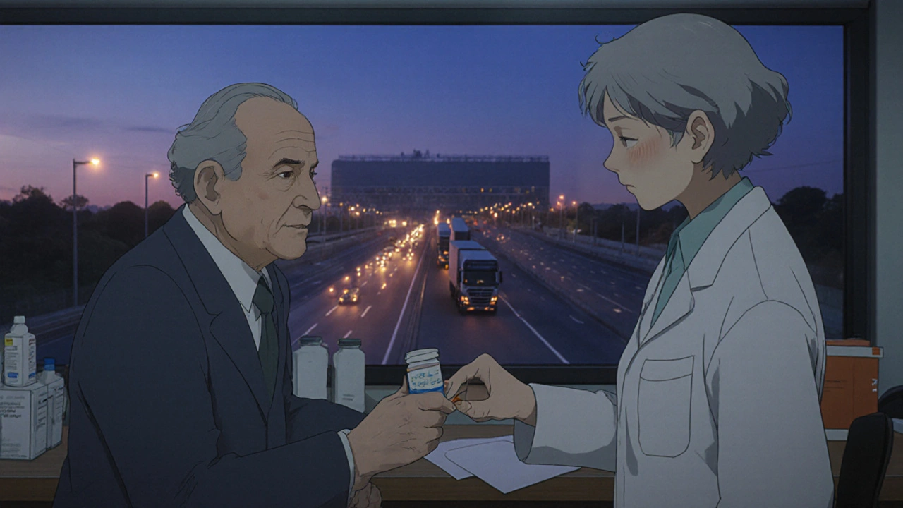 An elderly patient receiving a pill bottle at a pharmacy as delivery trucks pass outside.
