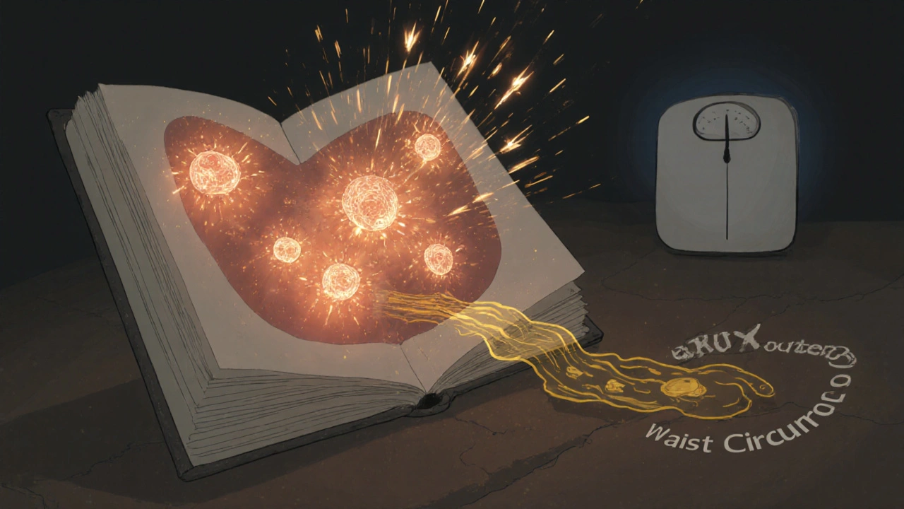 An open human torso showing inflamed fat cells being calmed by a golden therapeutic flow.